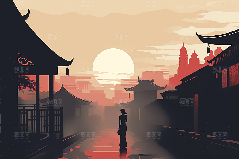 国潮苏州中国风中式建筑插画