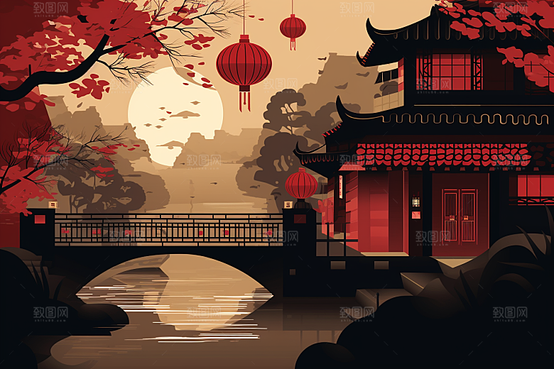 国潮苏州新中式传统风格插画