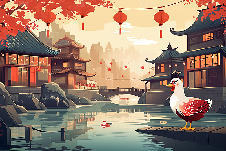 国潮苏州中国风彩色插画