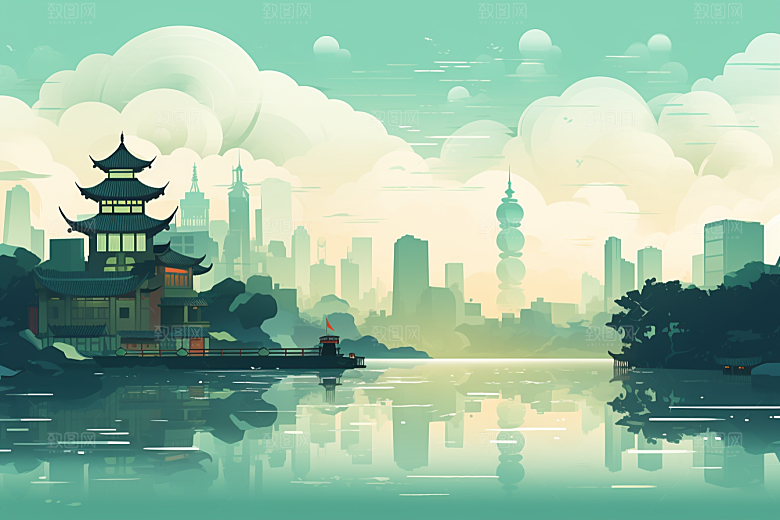 国潮苏州高清园林插画