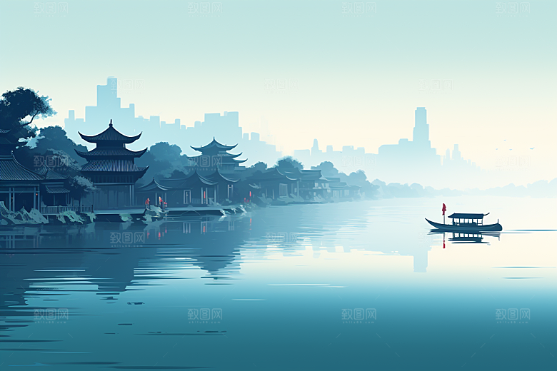 国潮苏州彩色传统风格插画