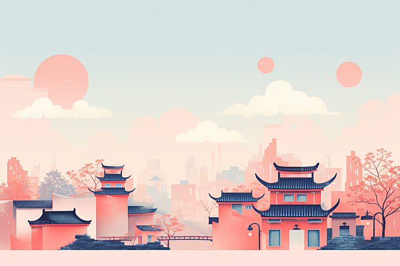 国潮苏州园林彩色插画