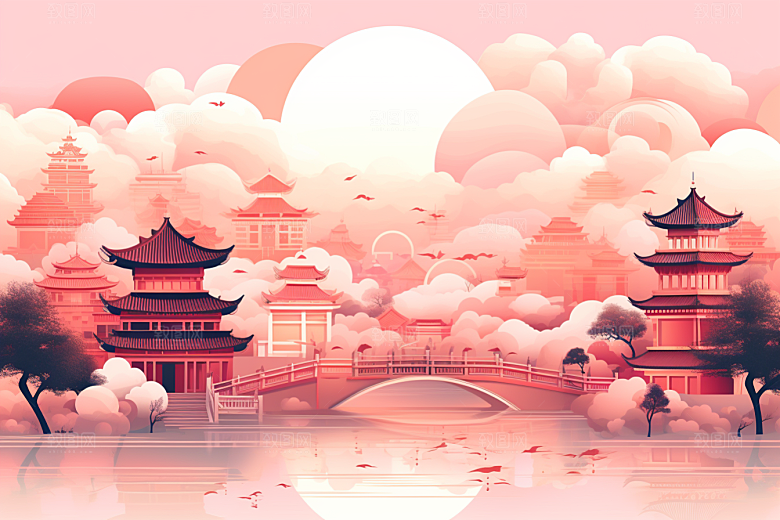 国潮苏州中式建筑园林插画
