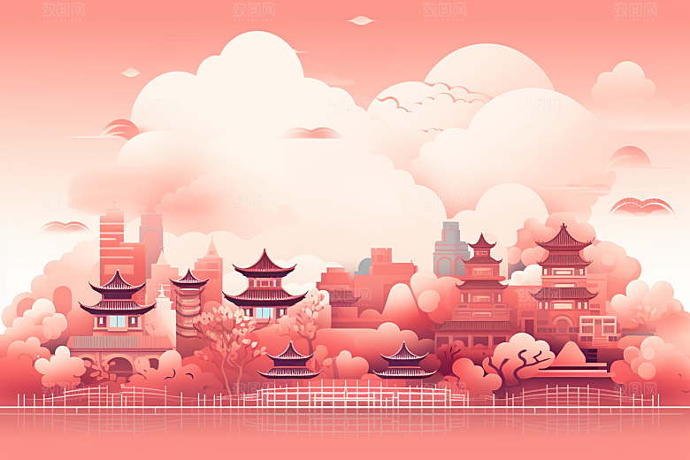 国潮苏州中式建筑传统风格插画