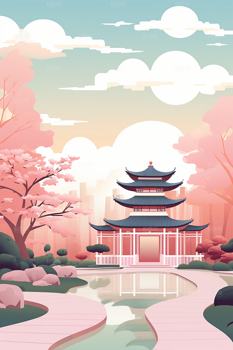 国潮苏州中式建筑山水插画