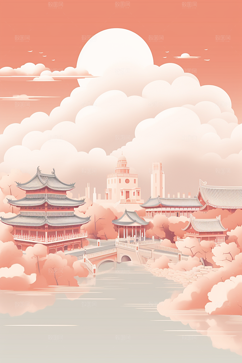 国潮苏州高清彩色插画