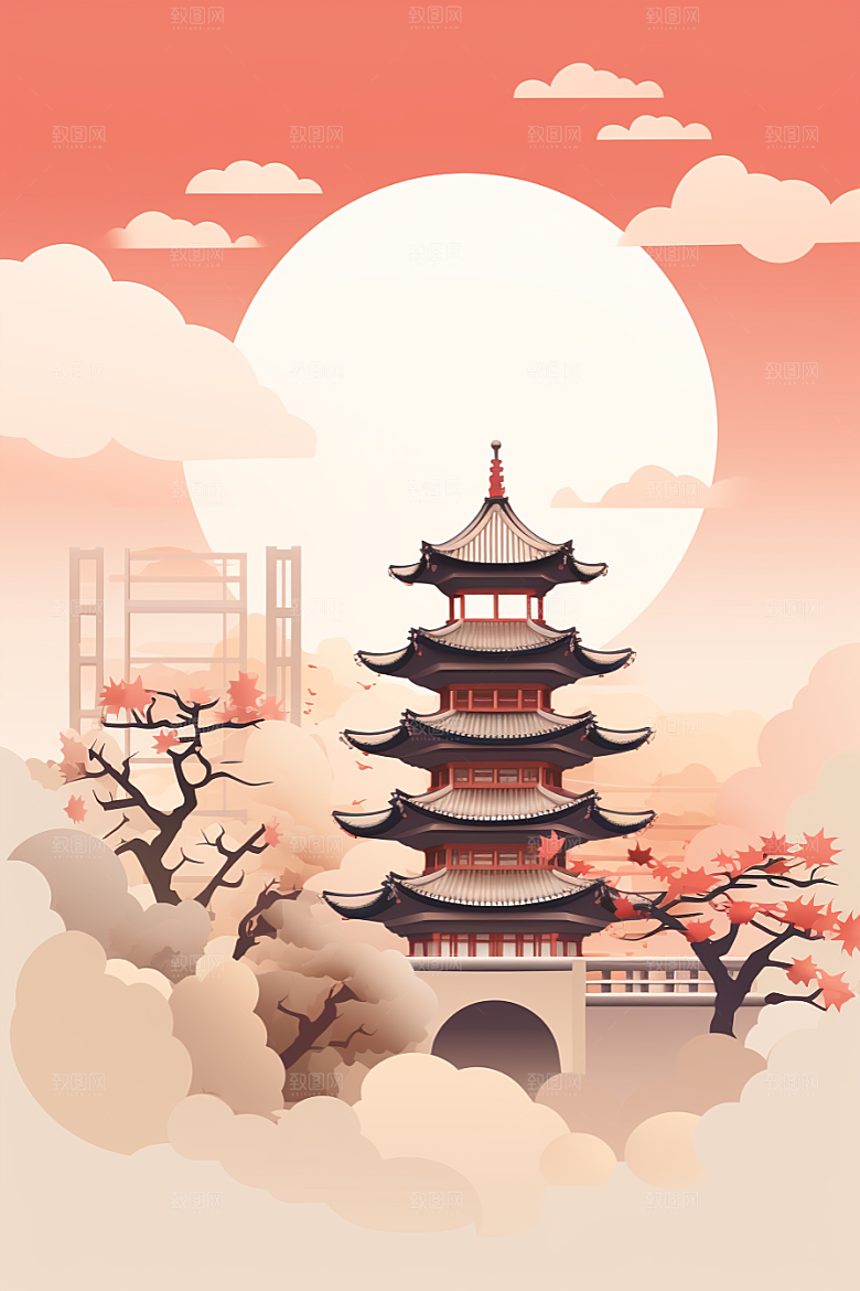 国潮苏州中式建筑山水插画