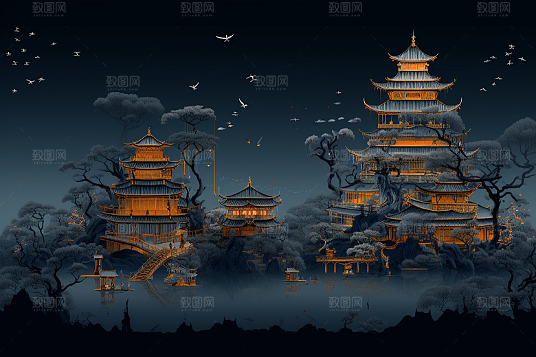 国潮苏州园林山水插画