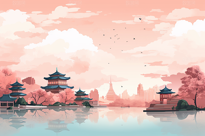 国潮苏州园林高清插画
