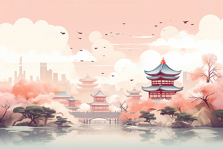 国潮苏州山水园林插画