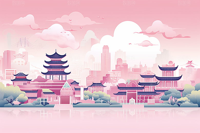 国潮苏州彩色山水插画