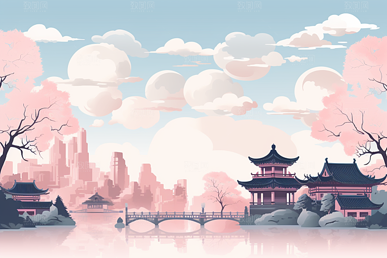 国潮苏州新中式彩色插画