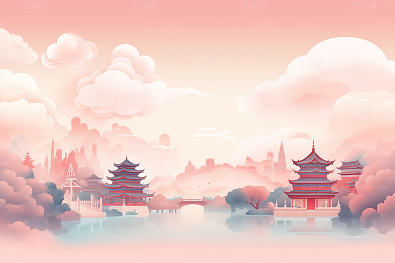 国潮苏州新中式彩色插画