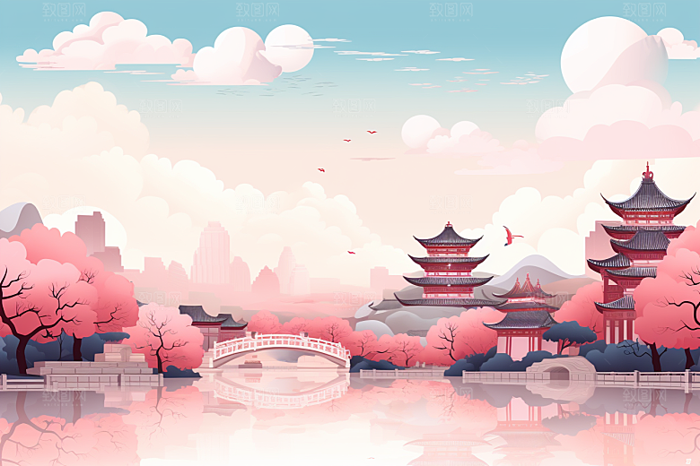 国潮苏州新中式传统风格插画