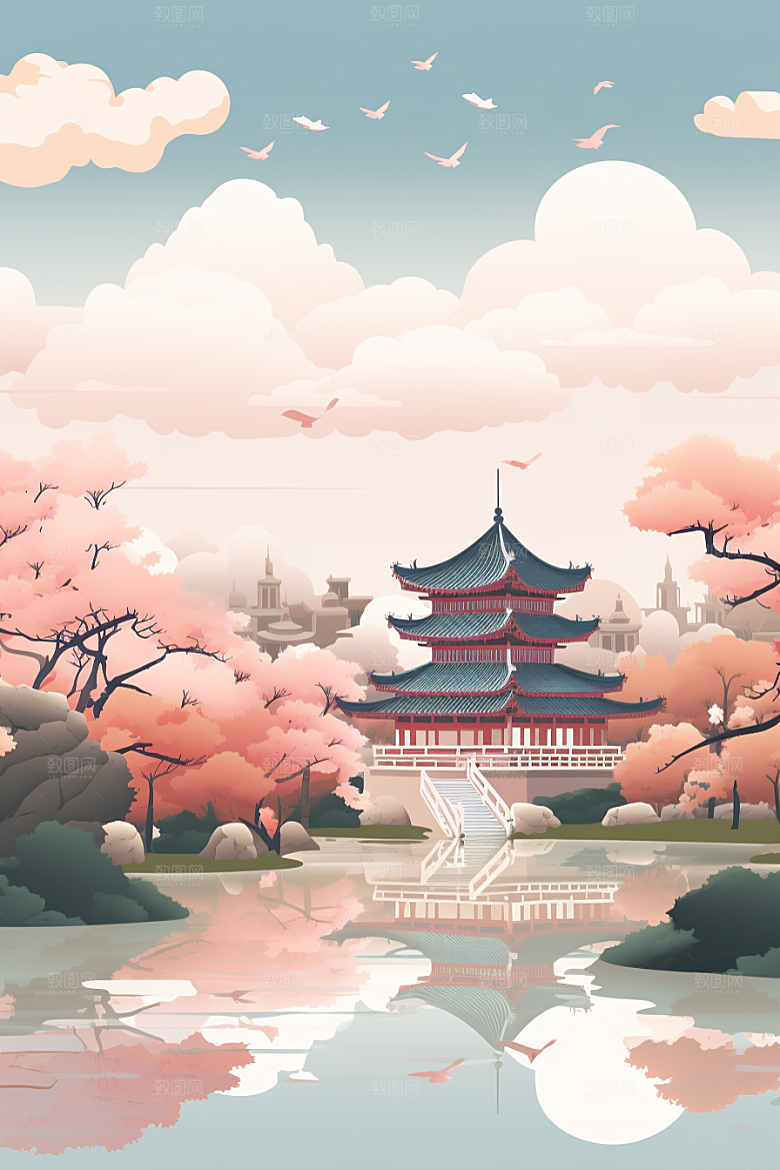 国潮苏州彩色传统风格插画