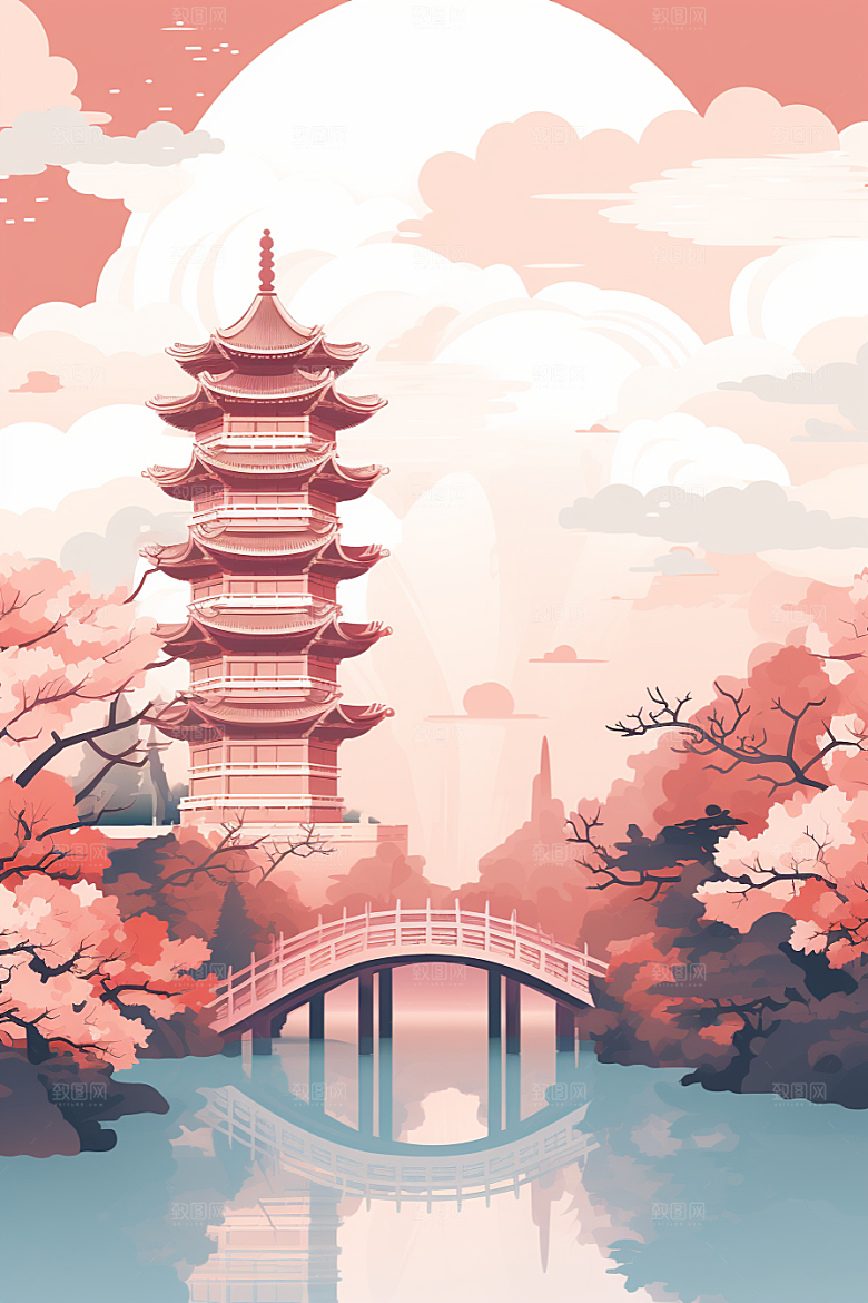 国潮苏州山水传统风格插画