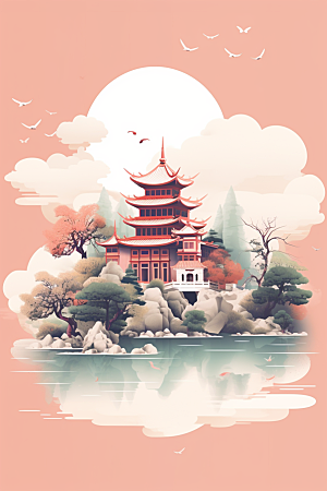 国潮苏州中式建筑传统风格插画