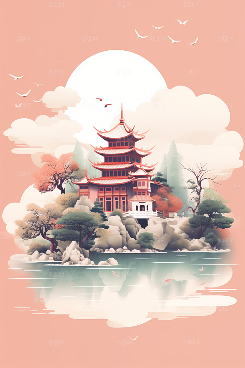 国潮苏州中式建筑传统风格插画