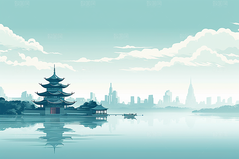 国潮苏州彩色山水插画