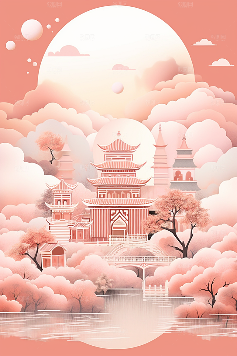国潮苏州彩色园林插画