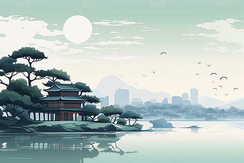 国潮苏州中式建筑彩色插画