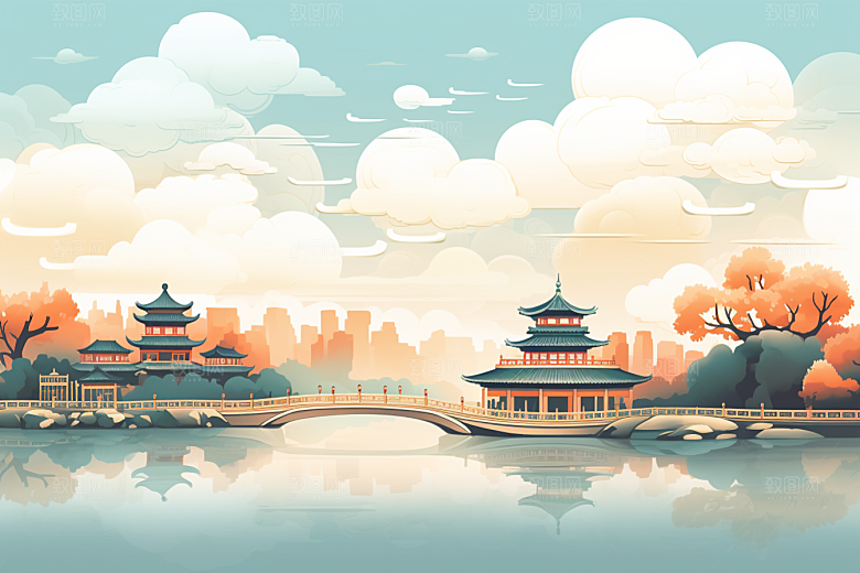 国潮苏州新中式传统风格插画