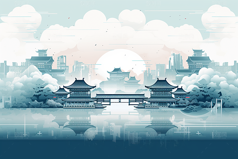 国潮苏州山水传统风格插画