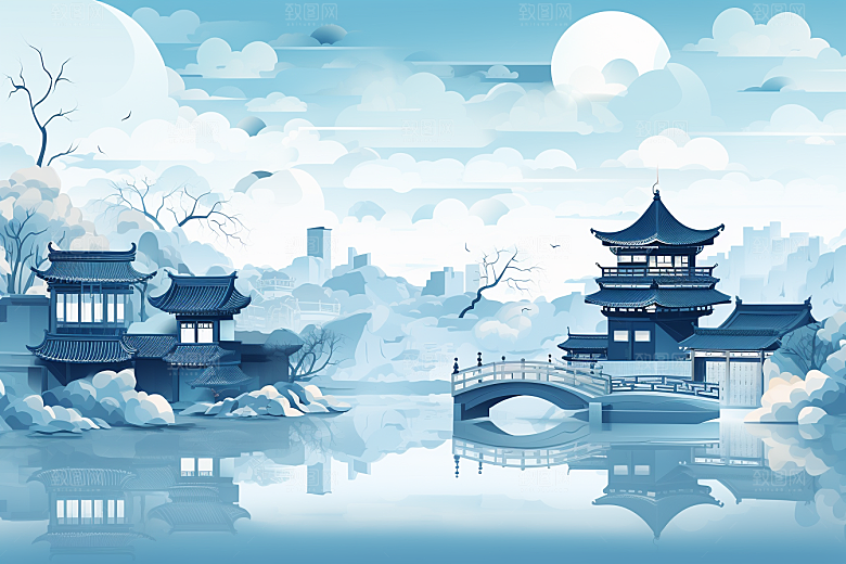 国潮苏州中国风山水插画