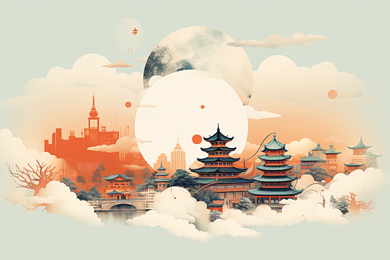 国潮苏州传统风格彩色插画