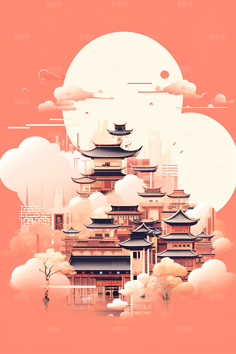 国潮苏州彩色园林插画