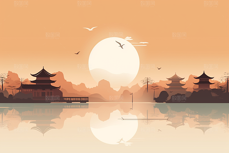 国潮苏州中式建筑新中式插画