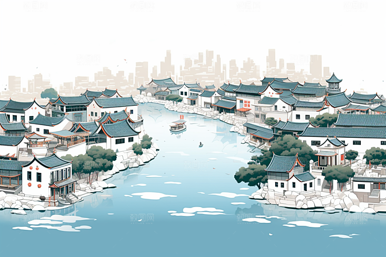 国潮苏州园林传统风格插画