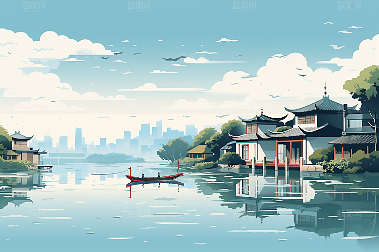 国潮苏州园林中国风插画