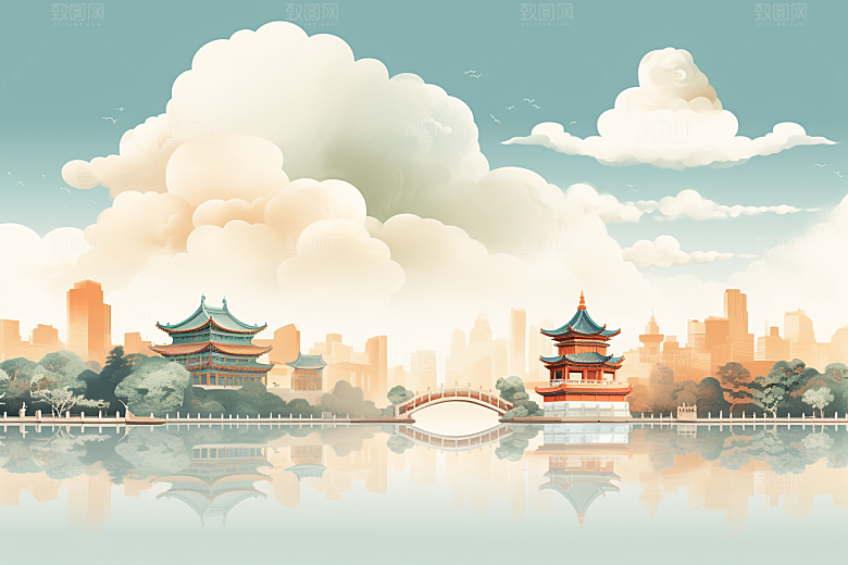 国潮苏州新中式山水插画