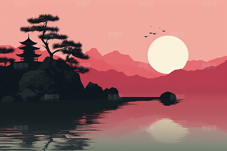 国潮苏州园林新中式插画