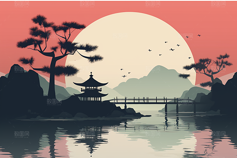 国潮苏州传统风格园林插画