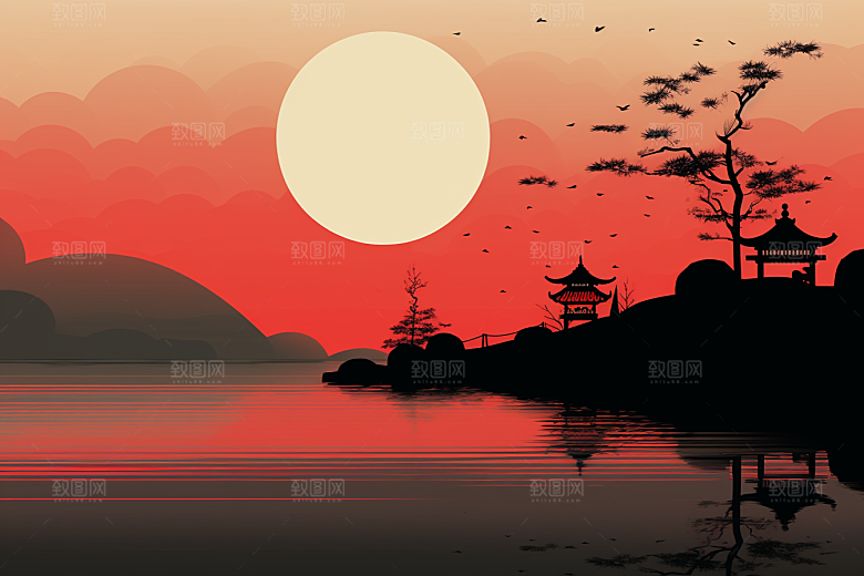 国潮苏州中式建筑山水插画