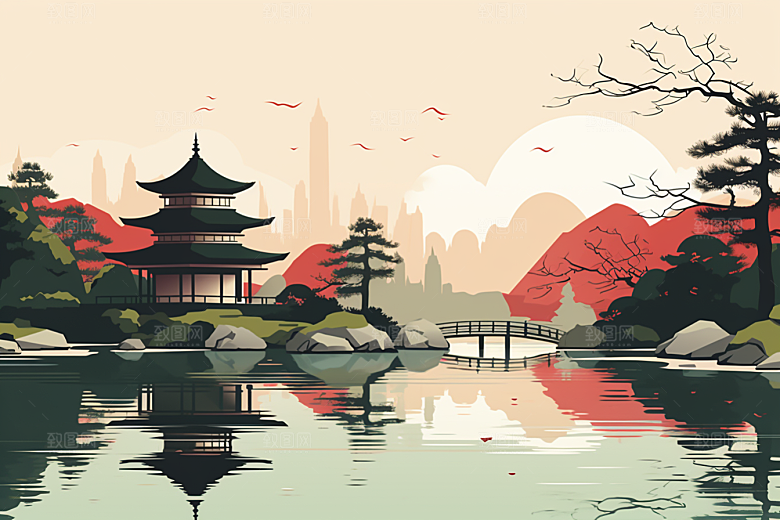 国潮苏州彩色中式建筑插画