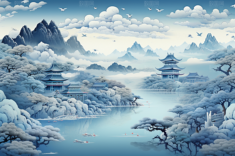 国潮苏州新中式中式建筑插画