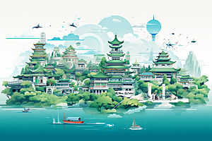 国潮苏州彩色中式建筑插画