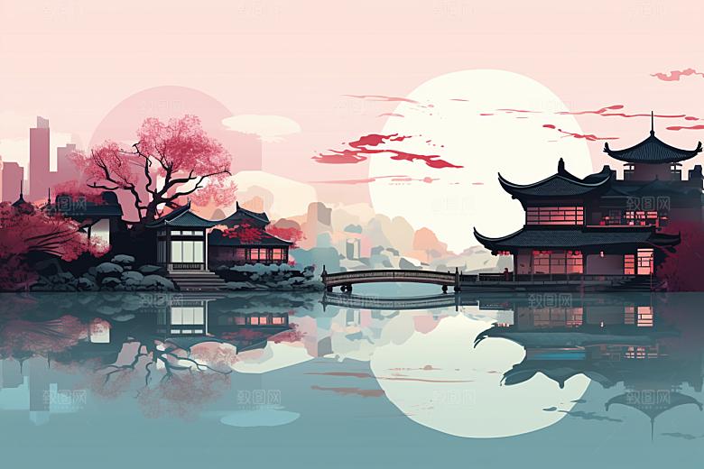 国潮苏州彩色高清插画
