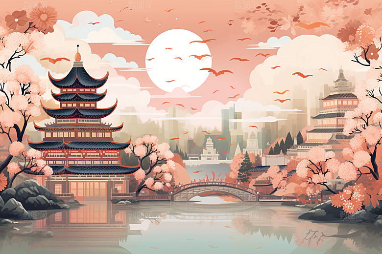 国潮苏州传统风格山水插画