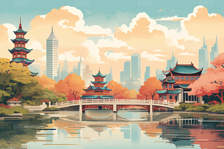 国潮苏州彩色传统风格插画