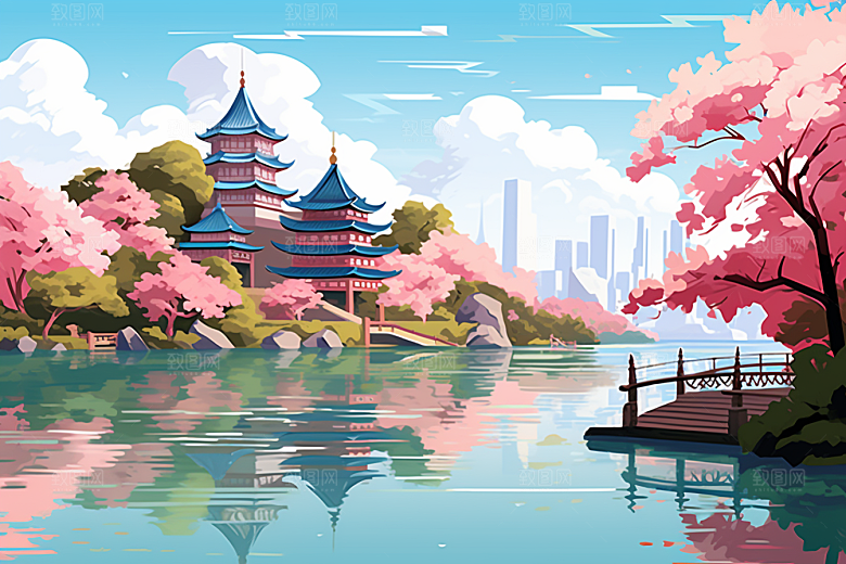 国潮苏州山水彩色插画
