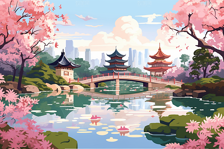 国潮苏州新中式园林插画