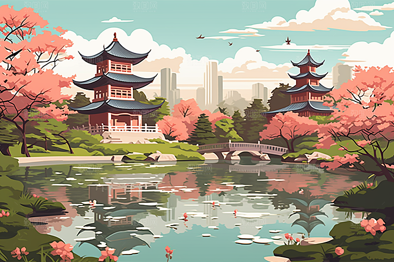 国潮苏州园林山水插画