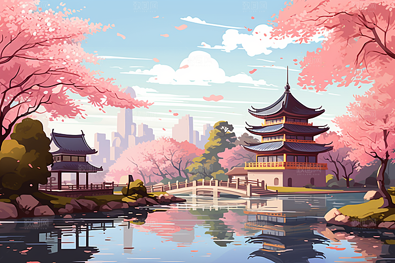 国潮苏州山水中式建筑插画