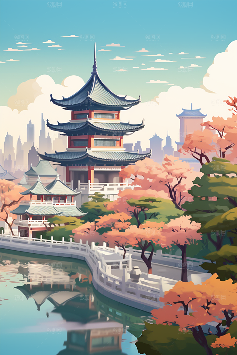 国潮苏州中国风中式建筑插画