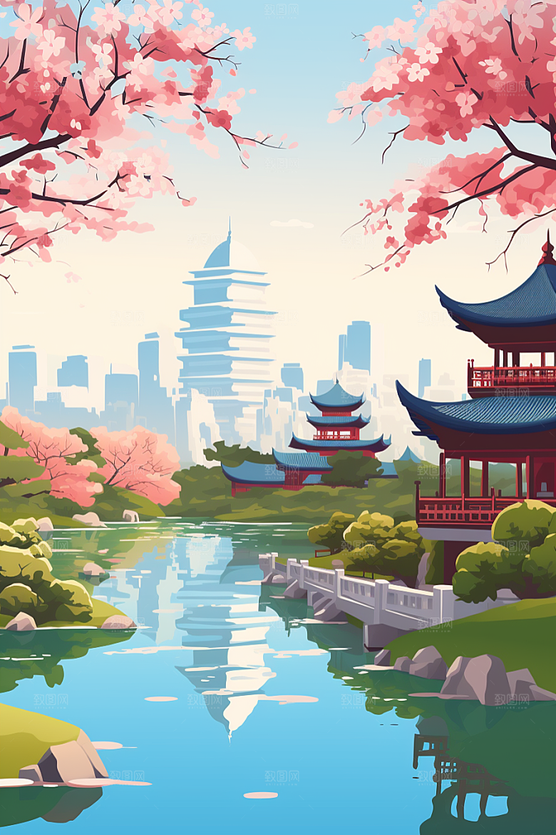 国潮苏州中国风园林插画