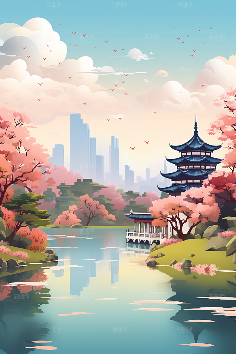 国潮苏州新中式彩色插画